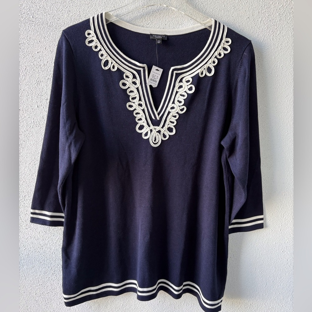 Talbots Embellished Split Neck Navy Sweater Size 1X Petite 3/4 Sleeves Casual